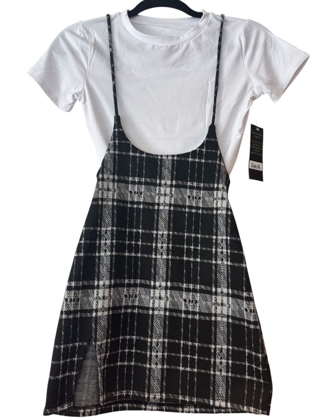 "Plaid Reputation" Mini Blk & Wht Plaid Jumper & NWT White Stretch Tee. Size XS - Picture 3 of 11